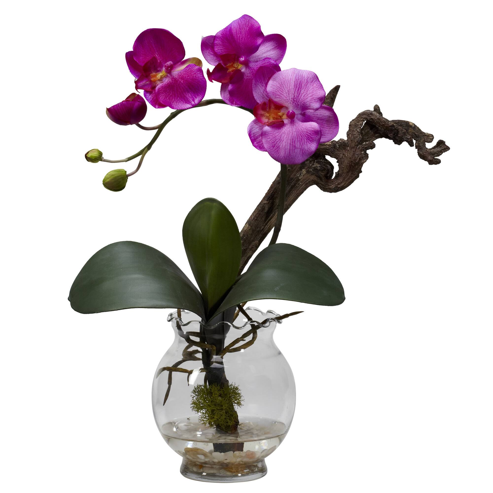 15" Purple Mini Phalaenopsis Silk Flower Arrangement in Fluted Vase